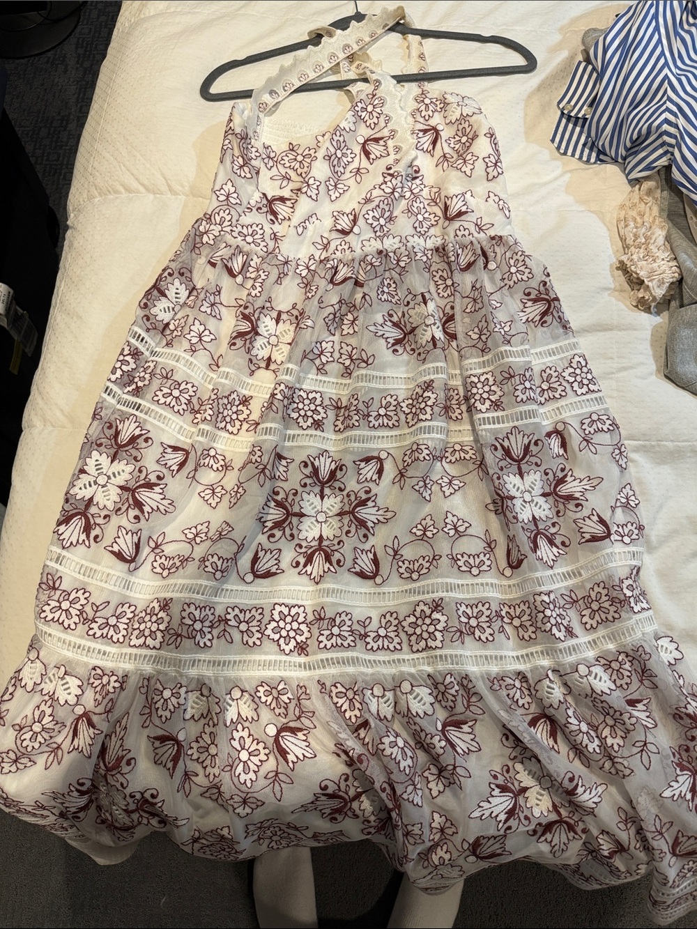 Anthropologie Floral Embroidered Tiered White and Burgundy Women’s Skirt